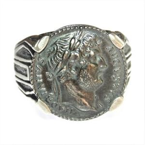 Mens Sterling Silver Ring Signet Roman Ancient Coin Caesar Hadrian Egypt Emperor